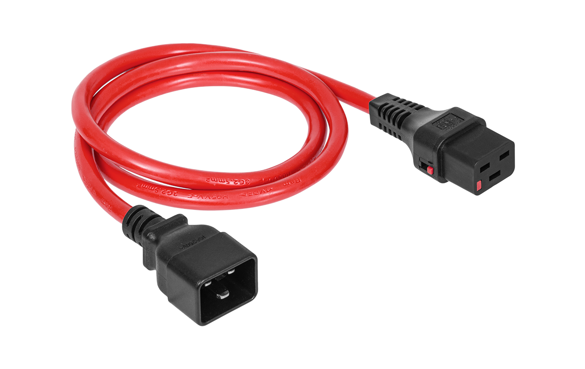 Шнур питания термостойкий с фиксатором IEC60320 C19 / IEC60320 C20, 16А, 250В (3×2,5), 1м, красный