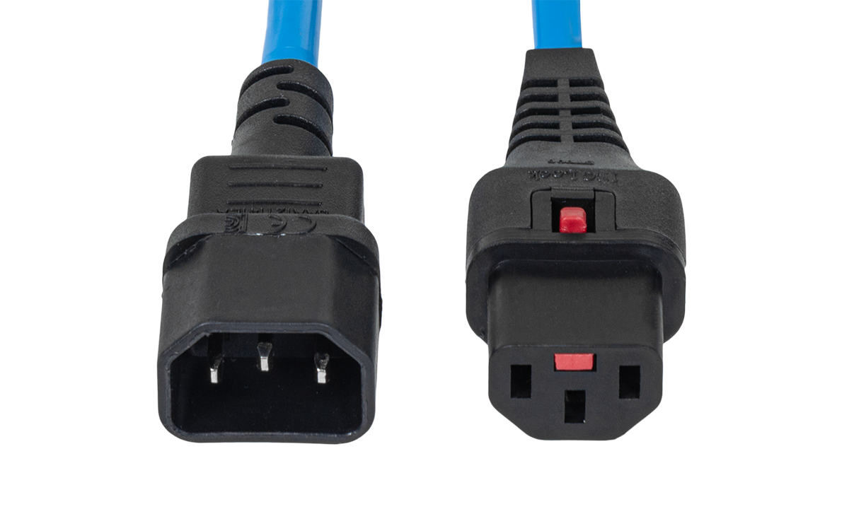Шнур питания термостойкий с фиксатором IEC60320 C13 / IEC60320 C14, 10А, 250В (3×1,5), 1м, синий