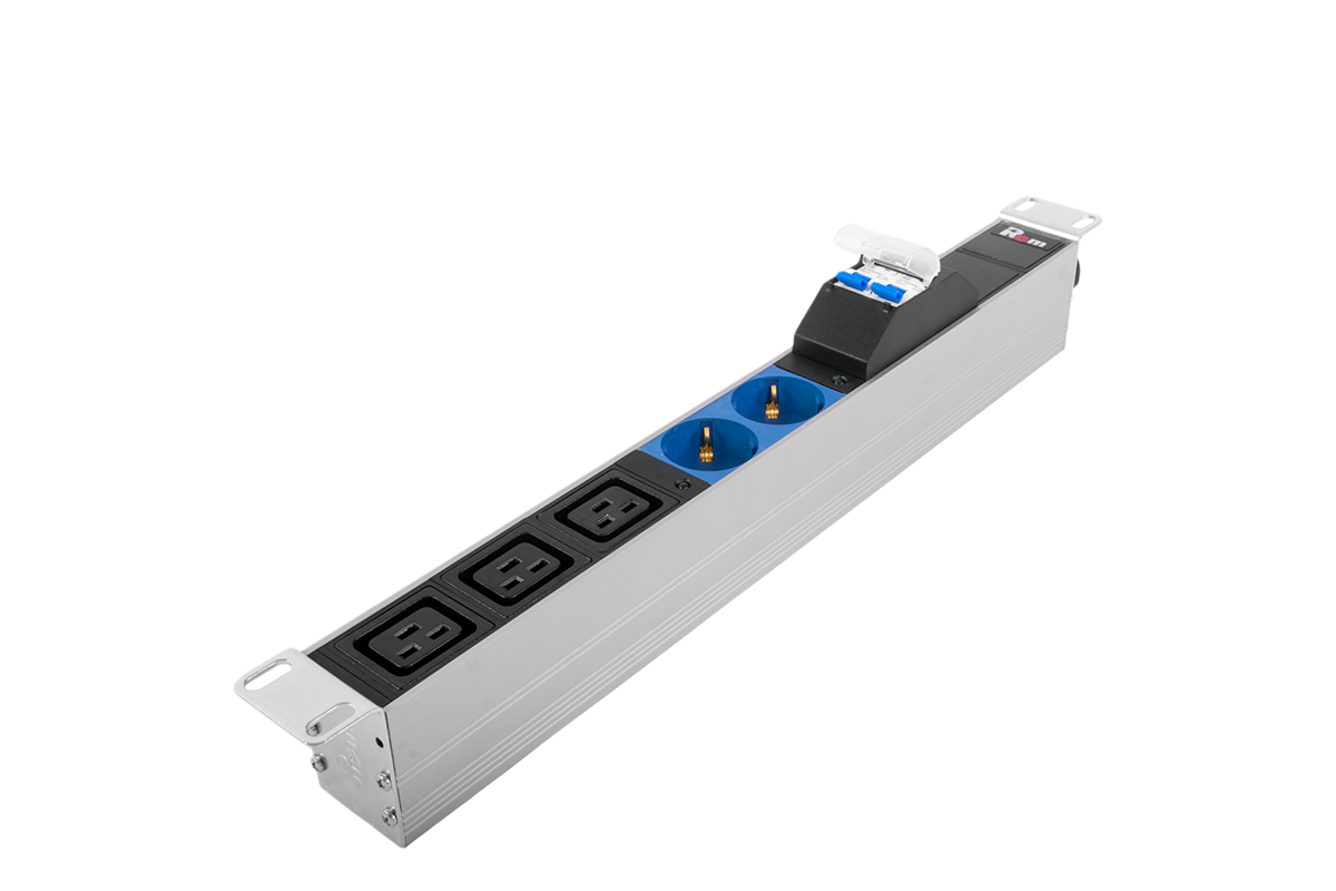 Блок розеток Rem-32 с авт., инд., 2 Sсhuko, 3 IEC 60320 C19, 32А, алюм., 19", колодка