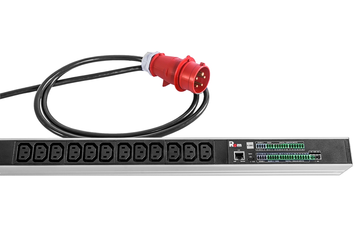 Верт блок розеток Rem-2MC, монит, измер, 3×16A, 36C13, 1420мм, шнур 3м IEC309
