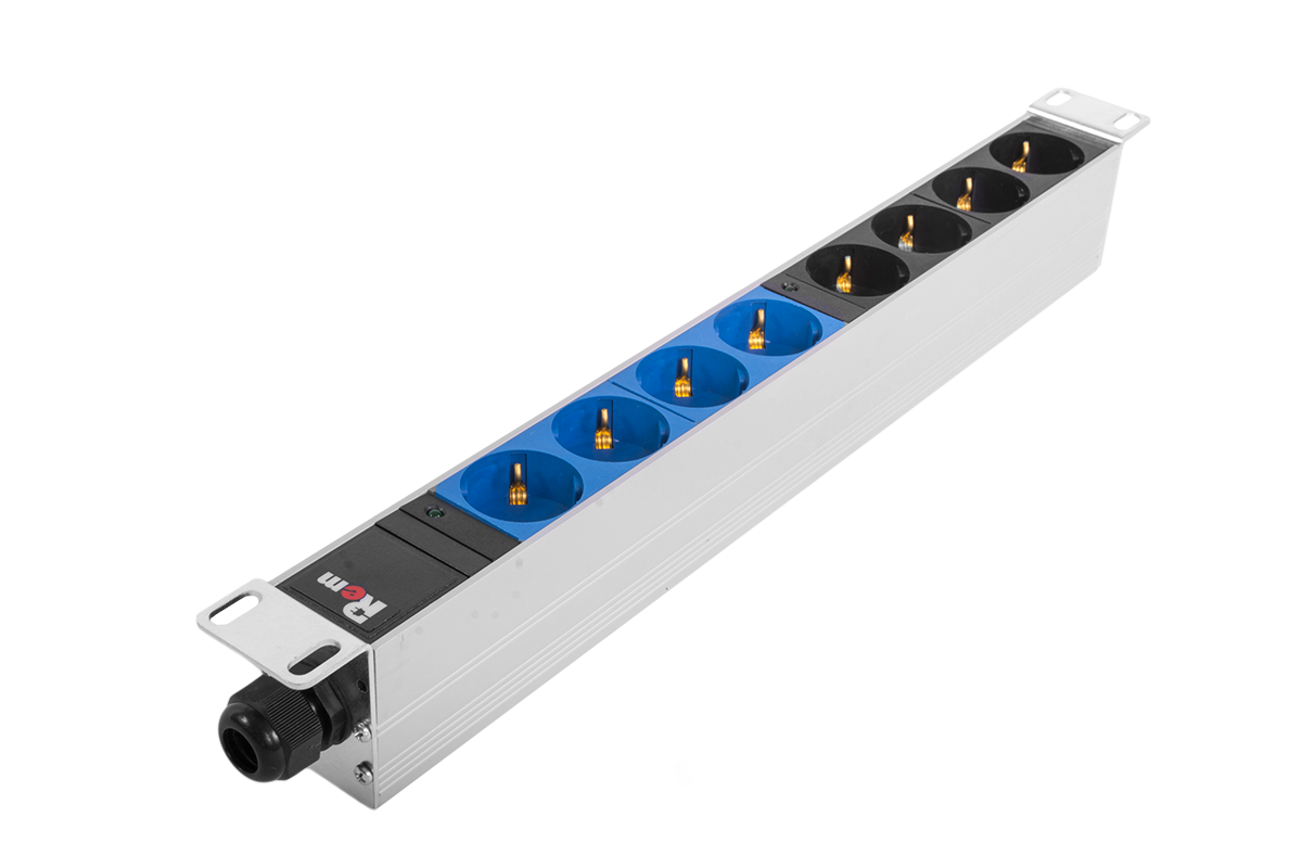 Блок розеток Rem-32 с инд., 8 Schuko, 32A, алюм., 19", колодка
