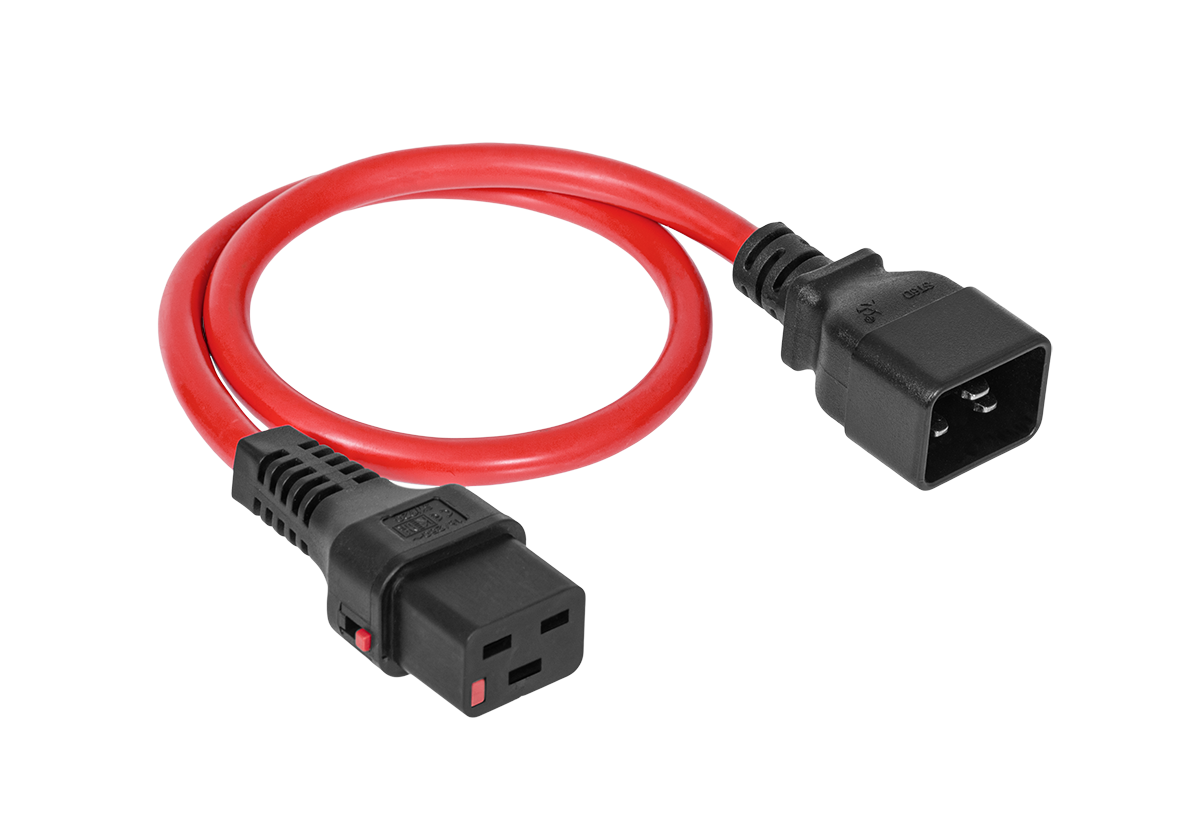Шнур питания термостойкий с фиксатором IEC60320 C19 / IEC60320 C20, 16А, 250В (3×2,5), 0,5м, красный