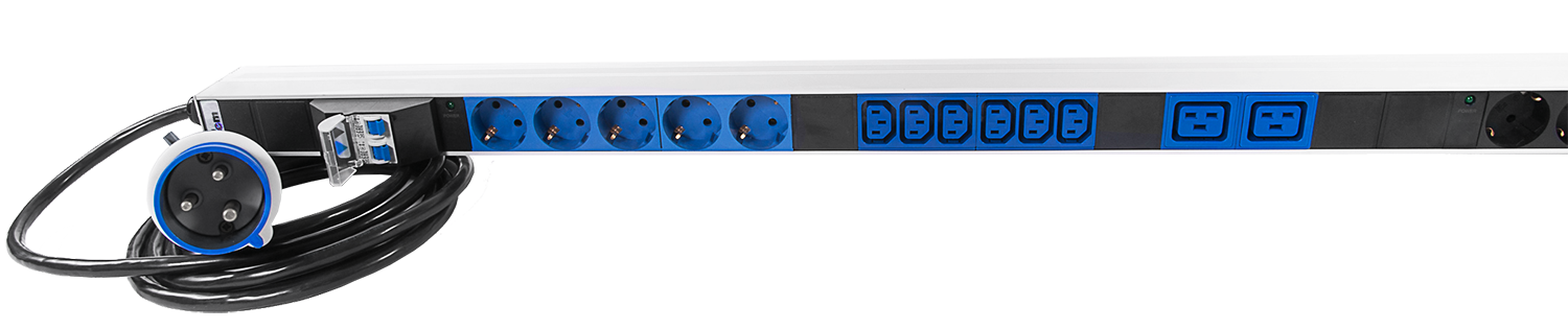Верт блок розеток Rem-32, 1 фаза 32A, 2 авт, инд, 10S, 12 C13, 4 C19, 1420 мм, вх IEC 309, шнур 3 м от ЦМО