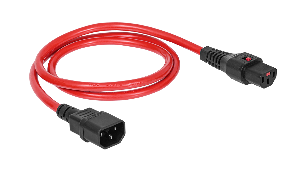 Шнур питания термостойкий с фиксатором IEC60320 C13 / IEC60320 C14, 10А, 250В (3×1,5), 1м, красный