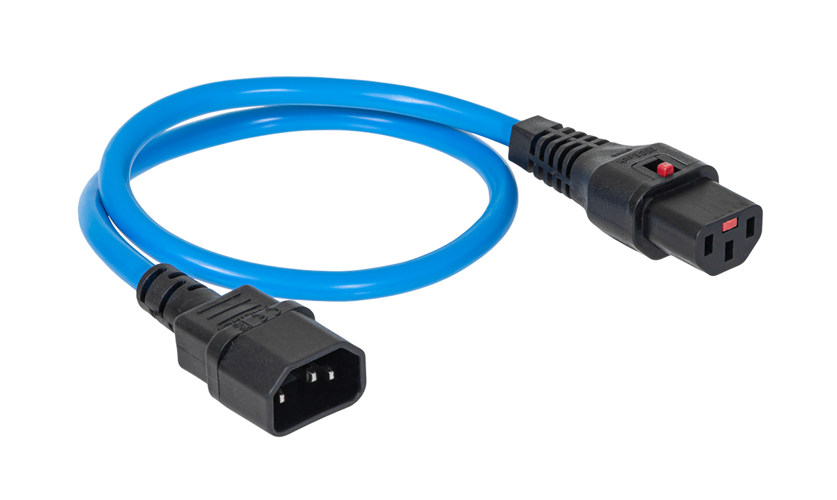 Шнур питания термостойкий с фиксатором IEC60320 C13 / IEC60320 C14, 10А, 250В (3×1,5), 0,5м, синий