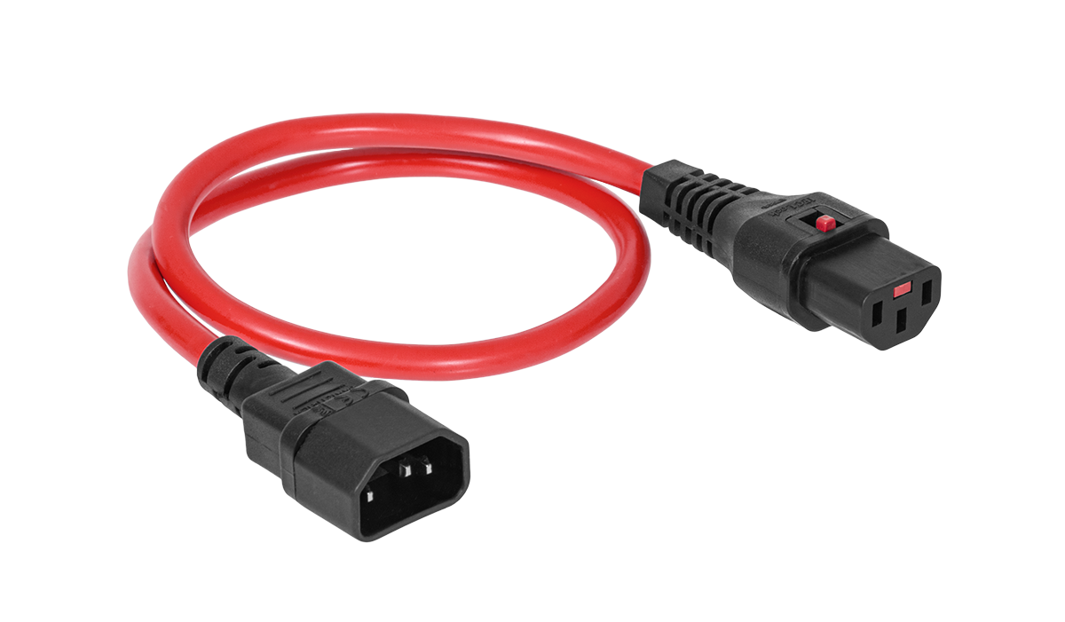 Шнур питания термостойкий с фиксатором IEC60320 C13 / IEC60320 C14, 10А, 250В (3×1,5), 0,5м, красный