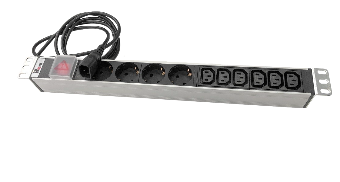 Блок розеток Rem-10 с выкл., 4 Sсhuko, 6 IEC 60320 C13, 10 A, алюм., 19", шнур 1,8 м. IEC 60320 C14