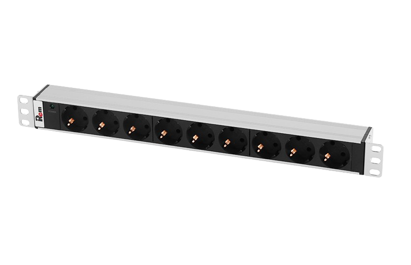 Блок розеток Rem-10 без шнура с инд., 9 Sсhuko, вход IEC 60320 C14, 10A, алюм., 19"
