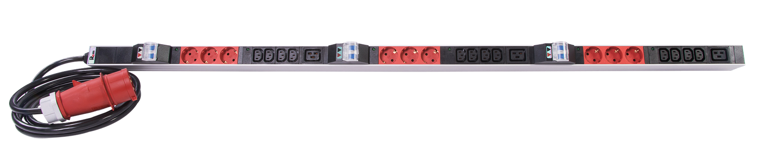 Верт блок розеток Rem-3x32, 3 фазы 32A, 6 авт, инд, 9 S, 12 C13, 3 C19, 1420 мм, вх IEC 309, шнур 3м от ЦМО