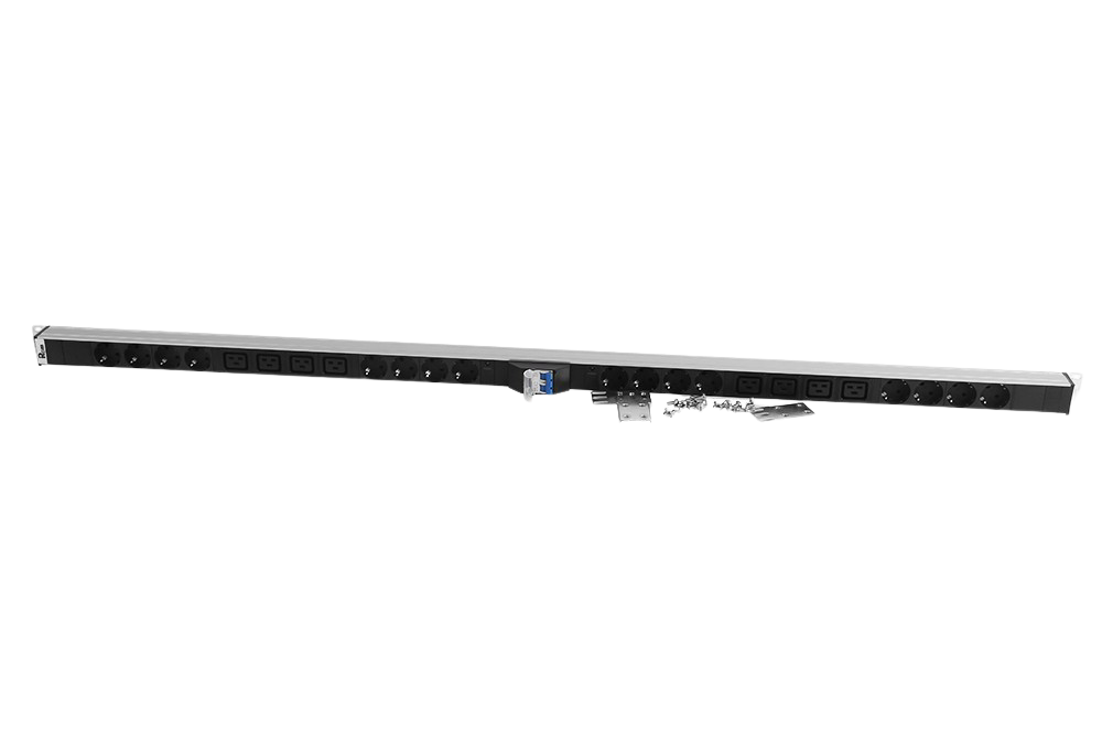 Верт. блок розеток Rem-32 на 2 конт. по 8 Schuko, 4 C19 с авт., инд., 2×16A, алюм., 33-48U, колодка от ЦМО