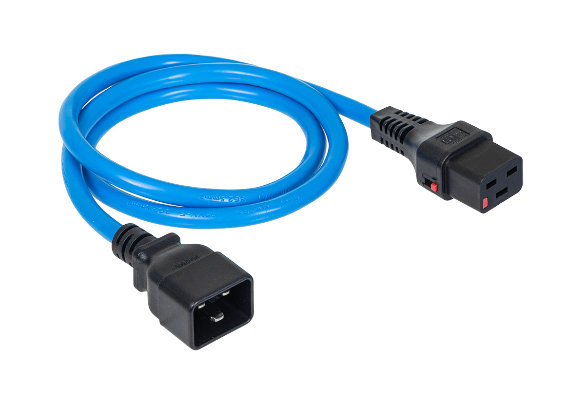 Шнур питания термостойкий с фиксатором IEC60320 C19 / IEC60320 C20, 16А, 250В (3×2,5), 1м, синий