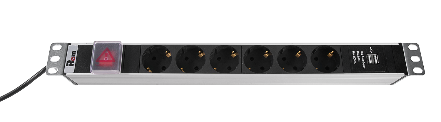 Блок розеток Rem-16 с выкл и USB-портом, 6 Schuko, 16A, алюм., 19", шнур 1,8 м. от ЦМО
