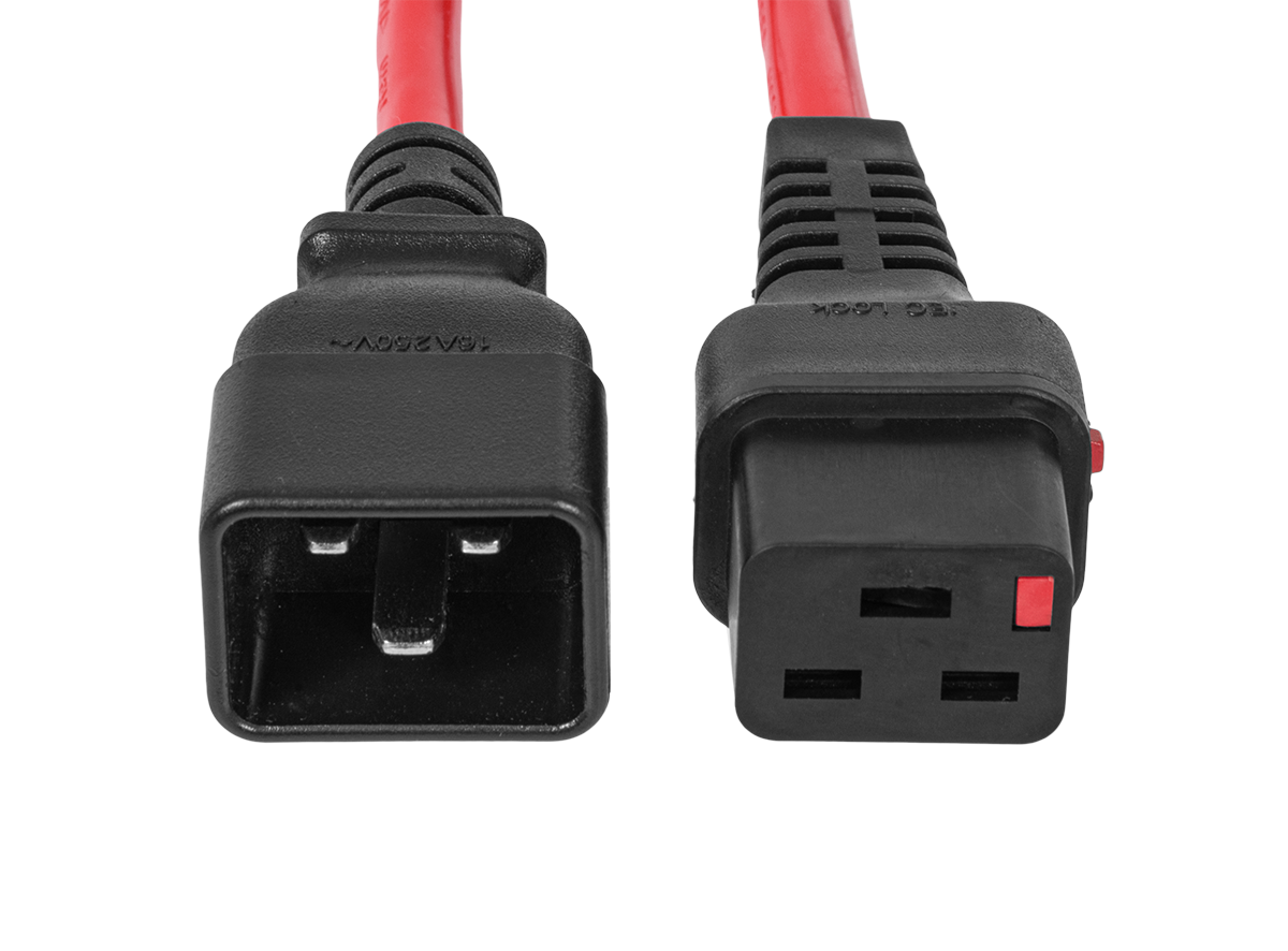 Шнур питания термостойкий с фиксатором IEC60320 C19 / IEC60320 C20, 16А, 250В (3×2,5), 0,5м, красный