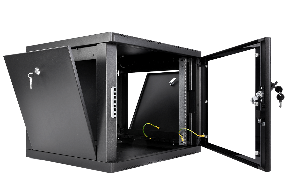 Шкаф телекоммуникационный настенный разборный 9U (600×530) съемные стенки, дверь стекло, цвет черный