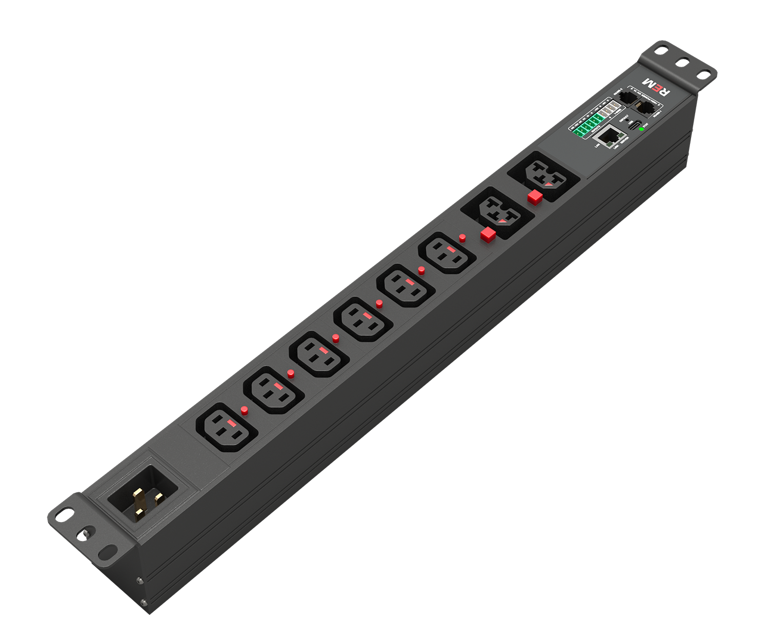 Гор блок розеток Rem-4MC, монит, измер, 1×16А, 6C13L с фикс, 2C39L с фикс, 19'', 1U, вход C20