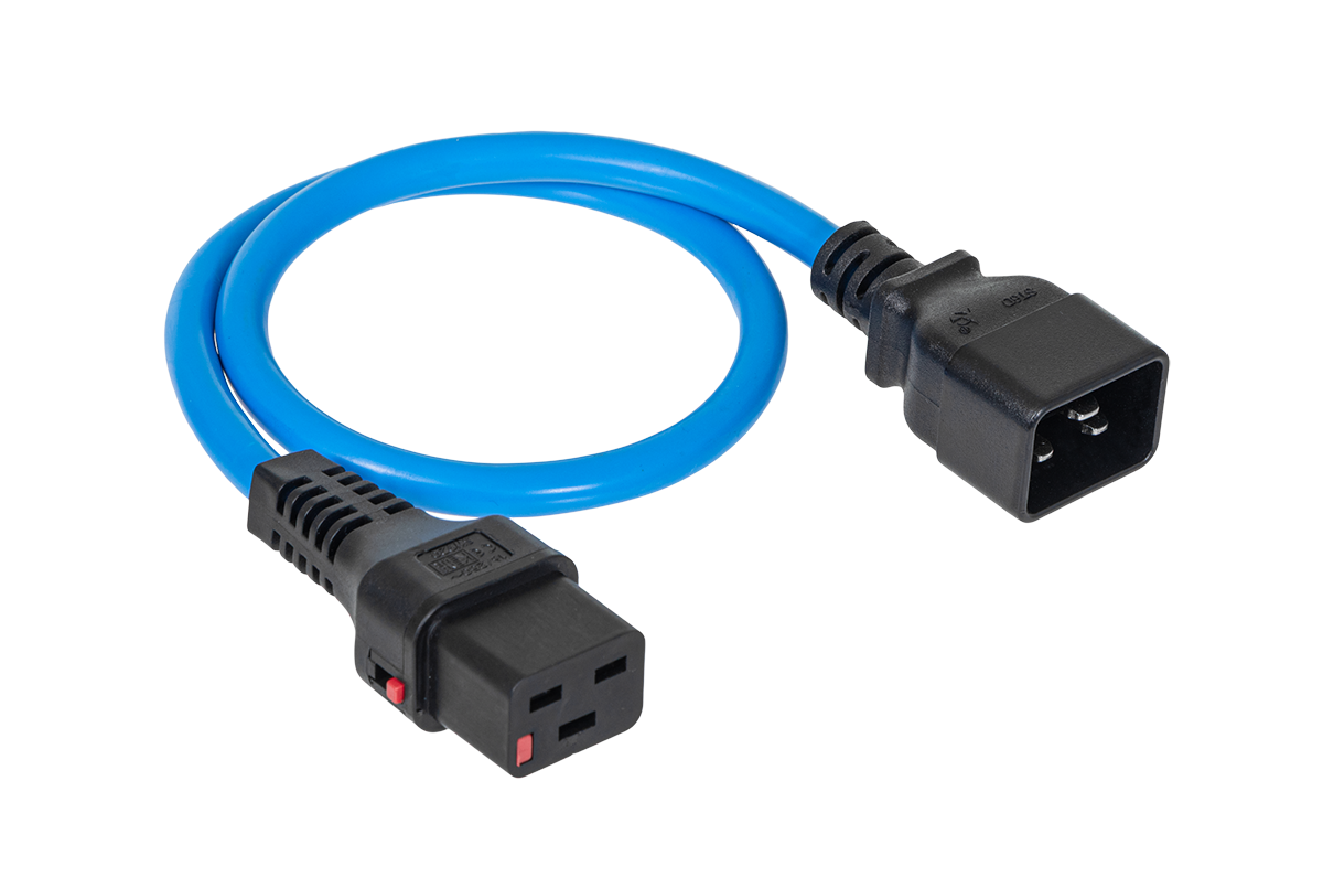 Шнур питания термостойкий с фиксатором IEC60320 C19 / IEC60320 C20, 16А, 250В (3×2,5), 0,5м, синий