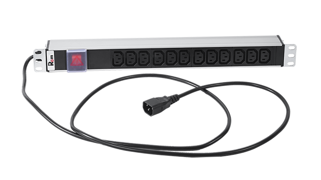 Блок розеток Rem-10 с выкл., 12 IEC 60320 C13, 10 A, алюм., 19", шнур 1.8 м. IEC 60320 C14