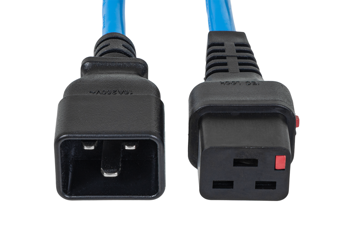 Шнур питания термостойкий с фиксатором IEC60320 C19 / IEC60320 C20, 16А, 250В (3×2,5), 0,5м, синий