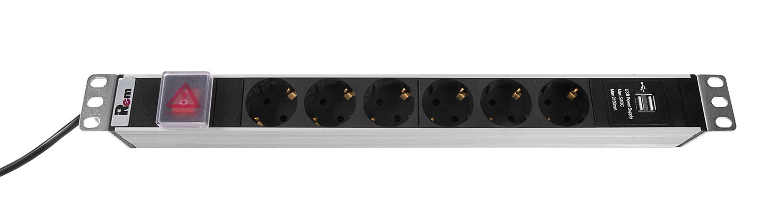 Блок розеток Rem-16 с выкл и USB-портом, 6 Schuko, 16A, алюм., 19", шнур 3 м. от ЦМО