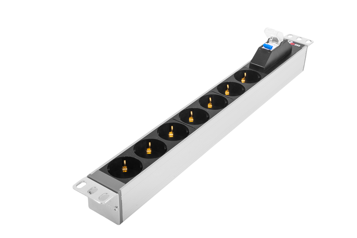 Блок розеток Rem-16 с авт. 16А, 7 Schuko, алюм., 19", колодка