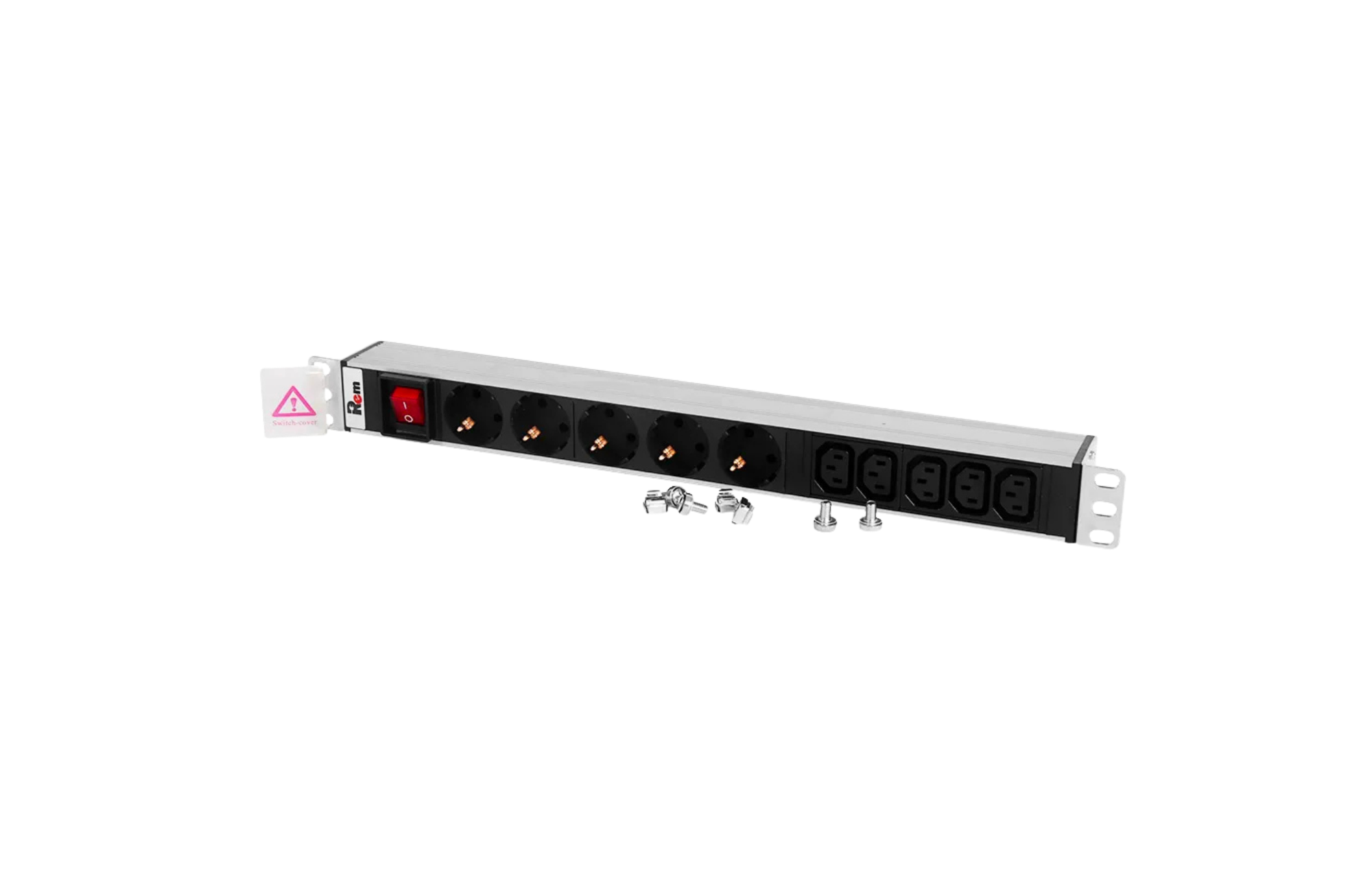 Блок розеток Rem-10 без шнура с выкл., 5 Sсhuko, 5 IEC 60320 C13, вход IEC 60320 C14, 10A, алюм., 19
