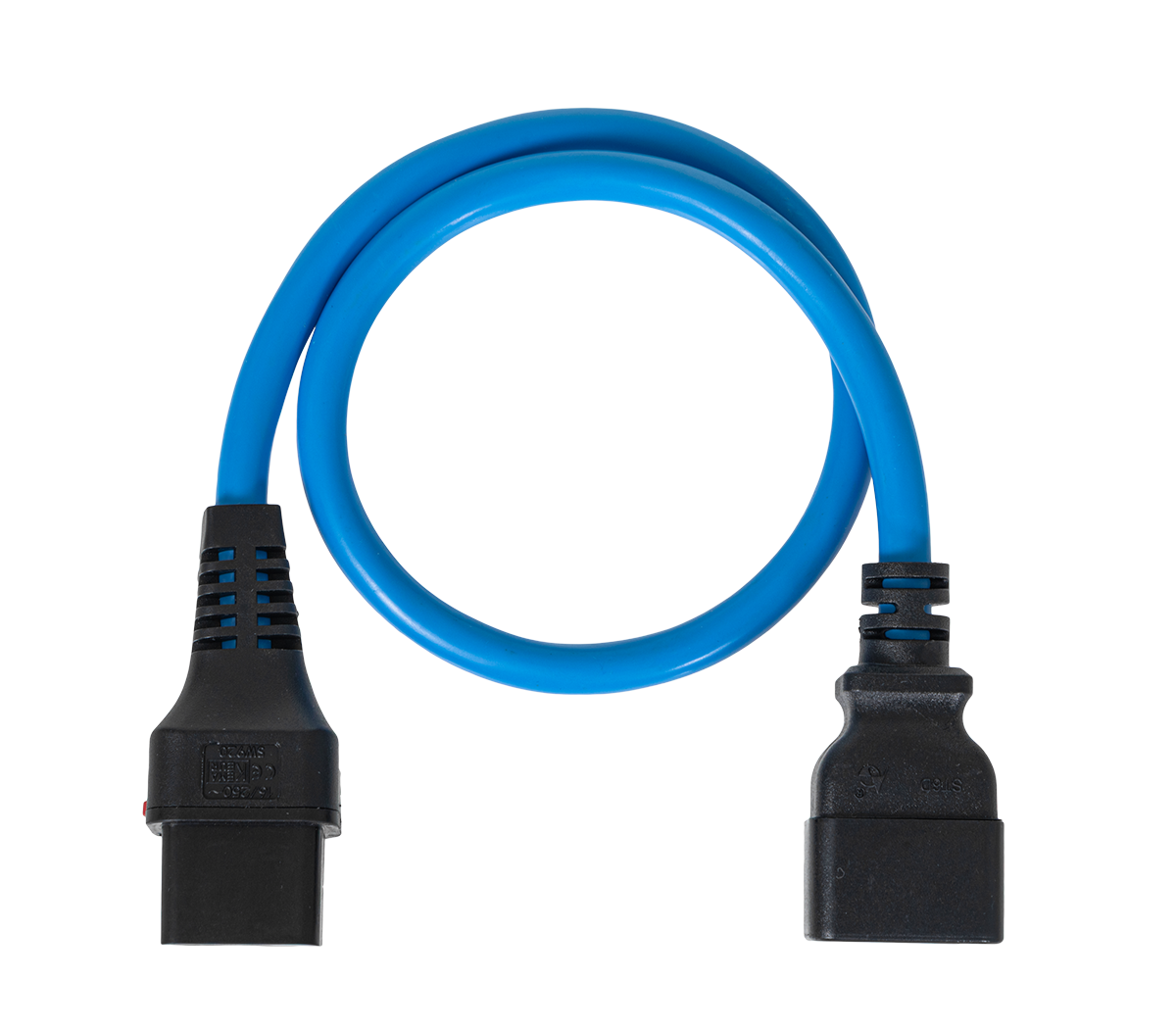 Шнур питания термостойкий с фиксатором IEC60320 C19 / IEC60320 C20, 16А, 250В (3×2,5), 0,5м, синий