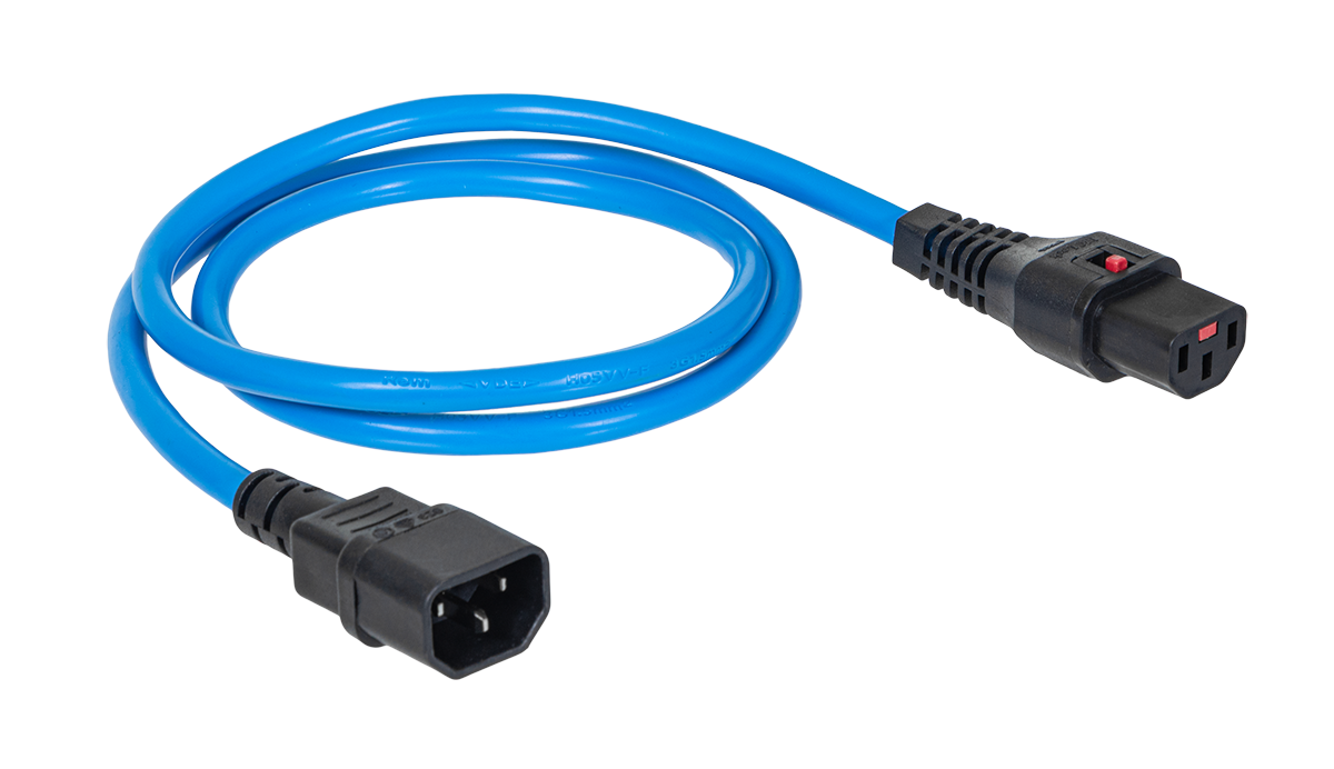 Шнур питания термостойкий с фиксатором IEC60320 C13 / IEC60320 C14, 10А, 250В (3×1,5), 1м, синий