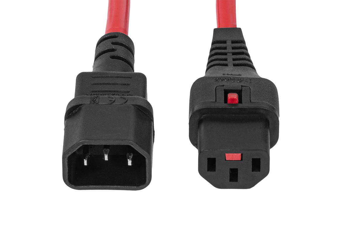 Шнур питания термостойкий с фиксатором IEC60320 C13 / IEC60320 C14, 10А, 250В (3×1,5), 1м, красный