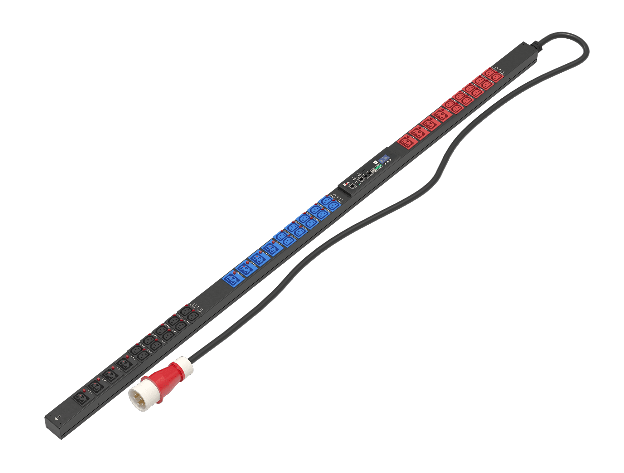 Верт блок розеток Rem-3MC, монит, измер, 3×16A, 30C13Lфикс, 12C39Lфикс, 1820мм, шнур1,8м IEC309