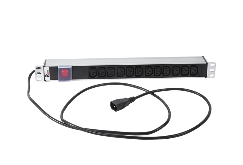 Блок розеток Rem-10 с выкл., 12 IEC 60320 C13, 10 A, алюм., 19", шнур 1.8 м. IEC 60320 C14