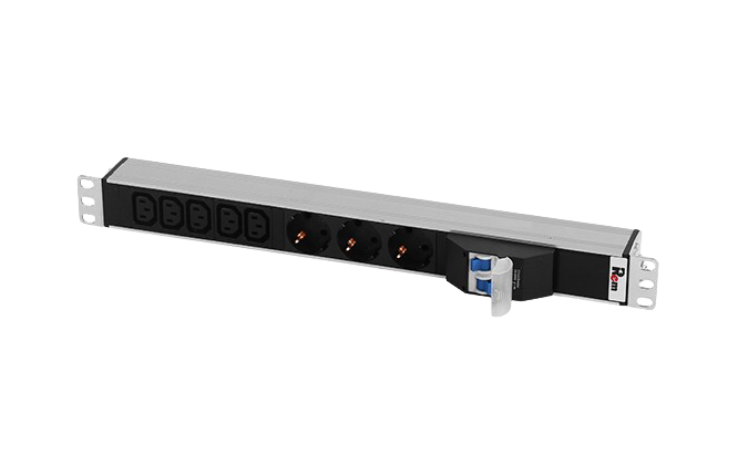 Блок розеток Rem-32 с авт., 3 Sсhuko, 5 IEC 60320 C13, 32А, алюм., 19", колодка