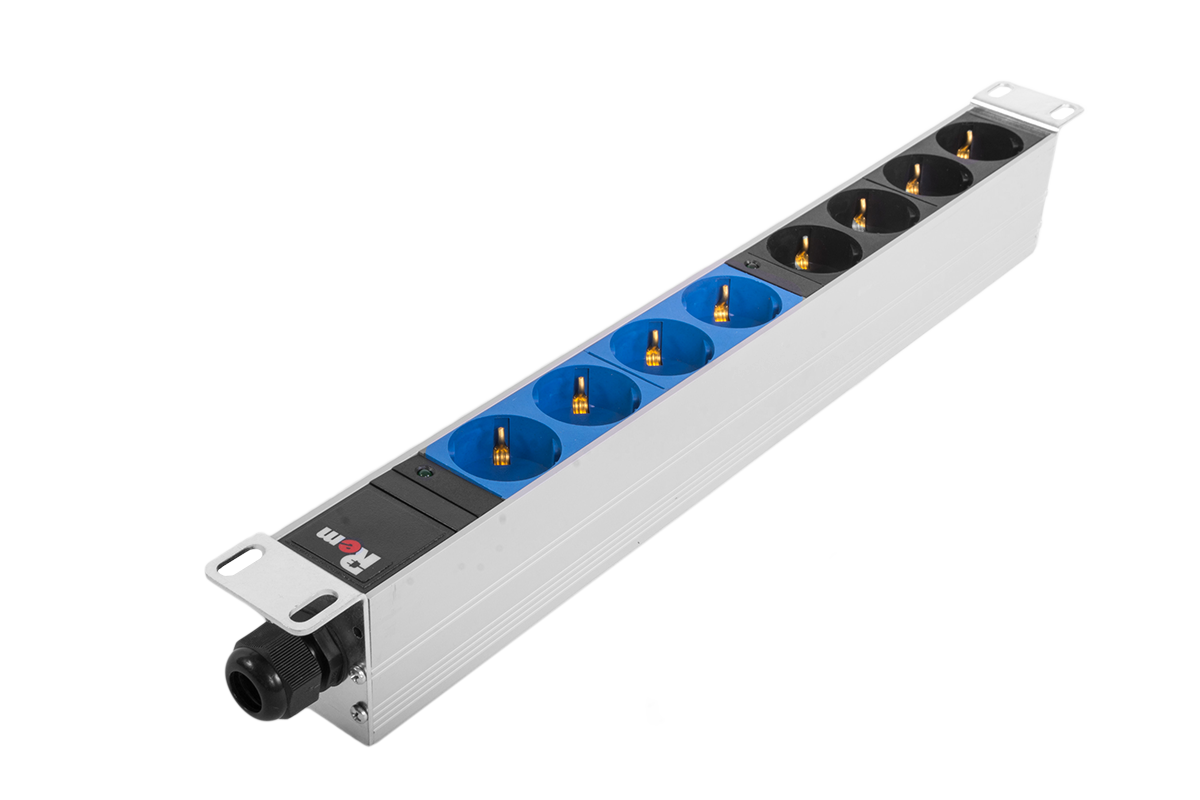 Блок розеток Rem-32 с инд., 8 Schuko, 32A, алюм., 19", колодка