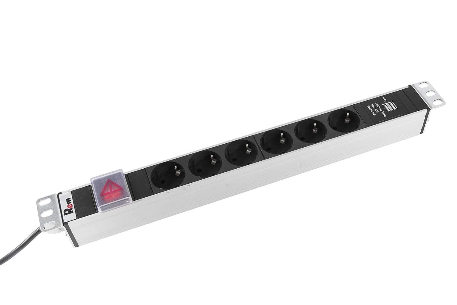 Блок розеток Rem-16 с выкл и USB-портом, 6 Schuko, 16A, алюм., 19", шнур 3 м.