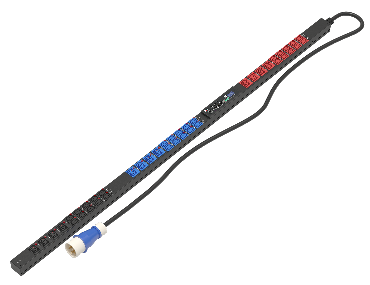 Верт блок розеток Rem-3MC, монит, измер, 3×16A, 30C13 с фикс, 12C39 с фикс, 1820мм, шнур 1,8м IEC309